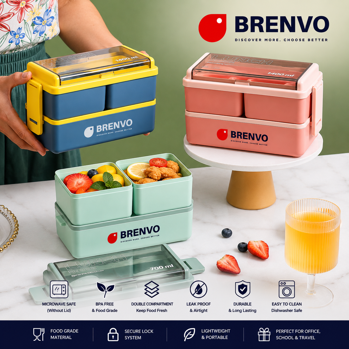 BRENVO FreshBox – Microwave Oven Double Compartment Lunch Box