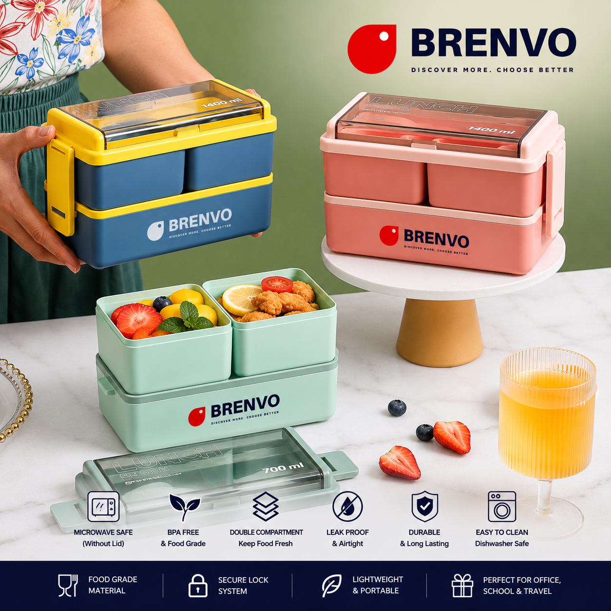BRENVO FreshBox – Microwave Oven Double Compartment Lunch Box
