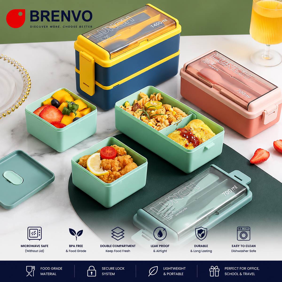 BRENVO FreshBox – Microwave Oven Double Compartment Lunch Box