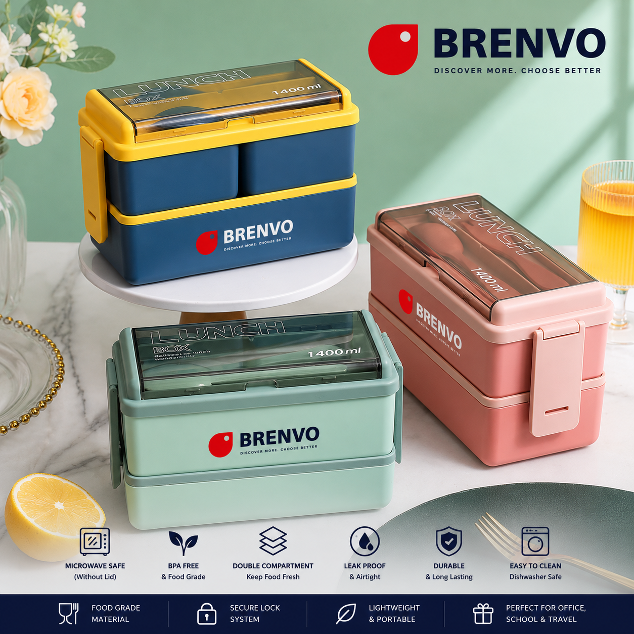BRENVO FreshBox – Microwave Oven Double Compartment Lunch Box